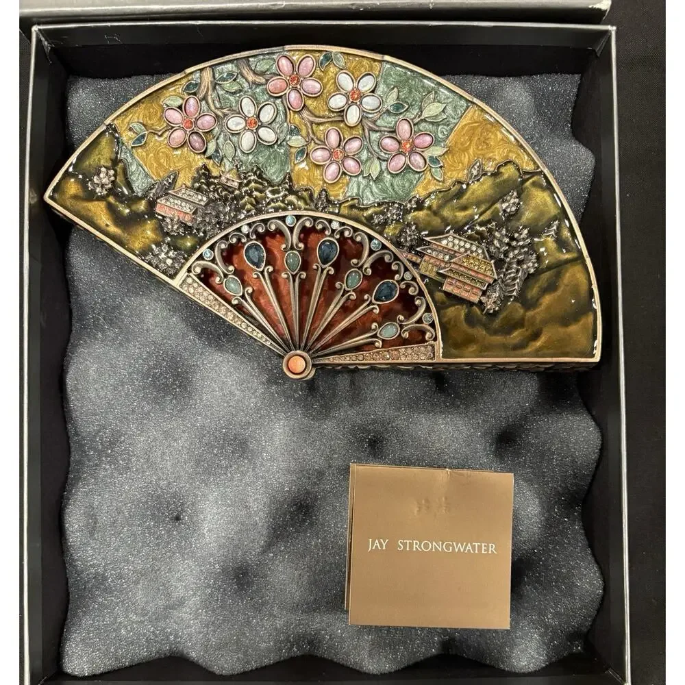 Jay Strongwater Fan Philomena Trinket Box Enameled & Jeweled Chinese Oriental - Picture 12 of 13